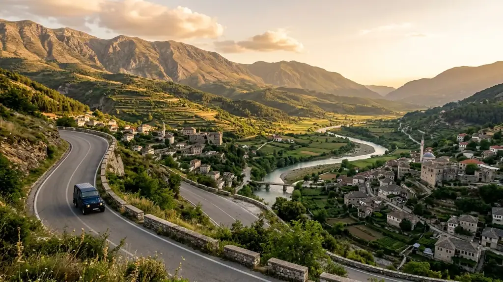 A winding mountain road above the green Drino valley with stone towns and rivers below in southern Albania