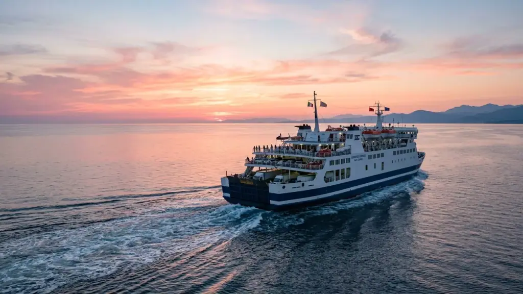Passenger and car ferry crossing the Adriatic between Italy and Albania at sunrise