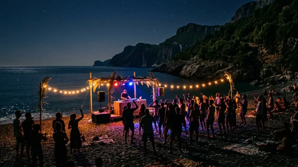 A small beach festival at night on an Albanian Riviera cove, a lit DJ booth and speaker stacks on the pebbles under strings of warm bulbs, a silhouetted crowd dancing and dark headlands over the Ionian behind