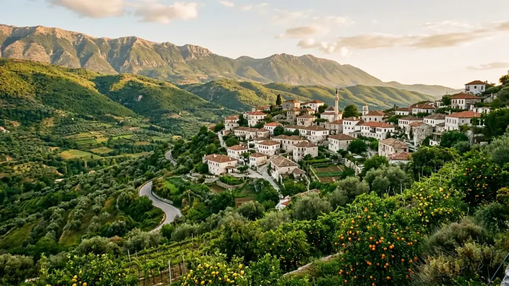 A small white hillside town among citrus groves and green hills near the Greek border in far-southern Albania