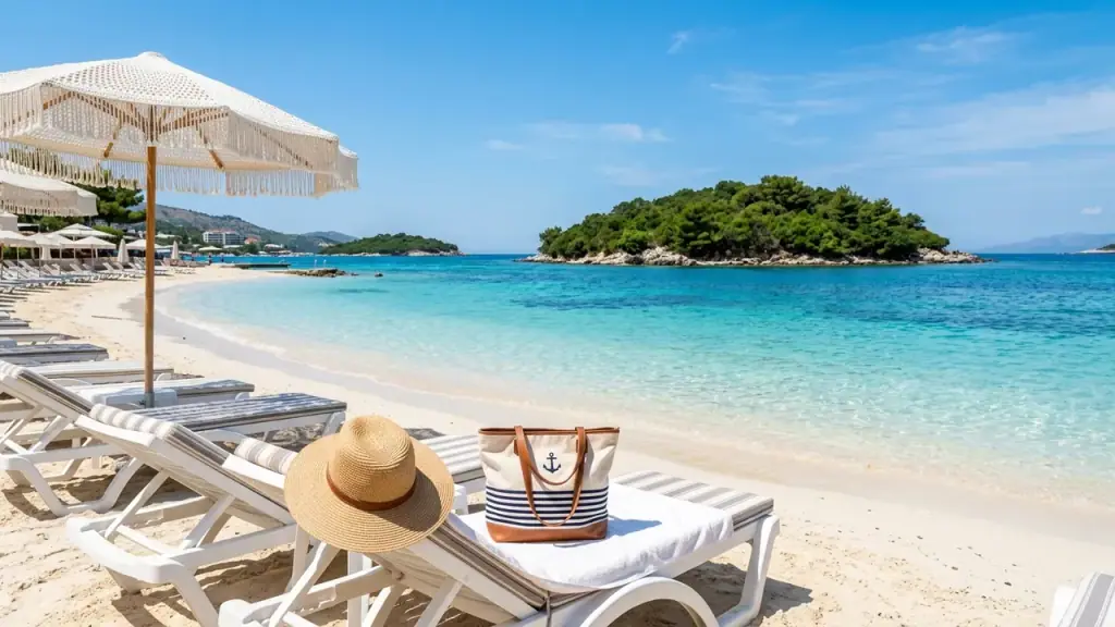 Sun loungers and parasols on a sandy beach in Ksamil with turquoise shallows and small wooded islands offshore