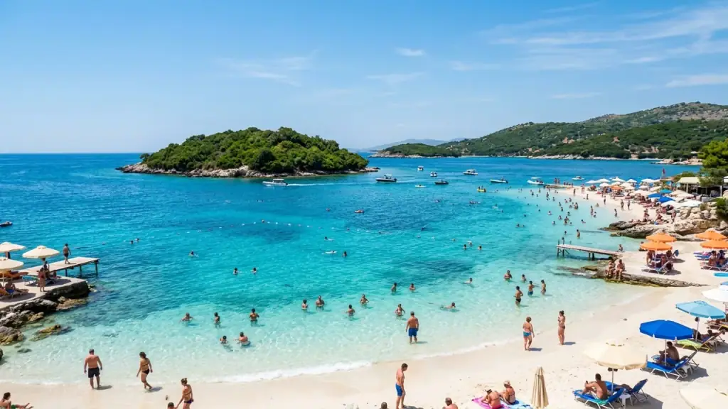 Ksamil beach in June with turquoise water, white sand and moderate early-summer crowds