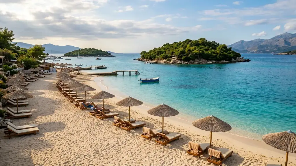 Ksamil beach with white sand and turquoise water under early-autumn light, almost empty sunbeds
