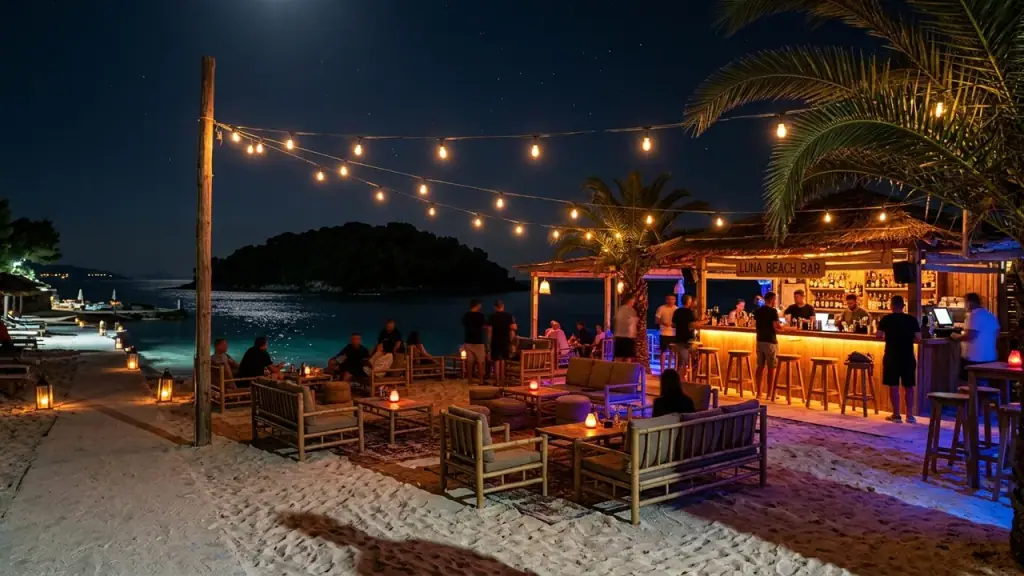 A beach bar on a small Albanian cove at night, lit under strings of warm bulbs with a dark sea and wooded islet beyond