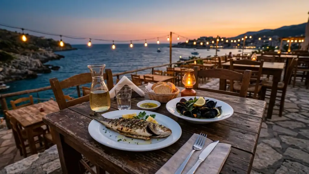 An outdoor taverna table at dusk on the Albanian coast with grilled fish, mussels and a carafe of wine, the sea beyond