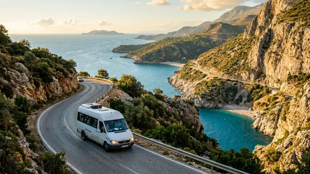 White minibus on a winding Albanian Riviera coastal road with sweeping Ionian sea views at golden hour