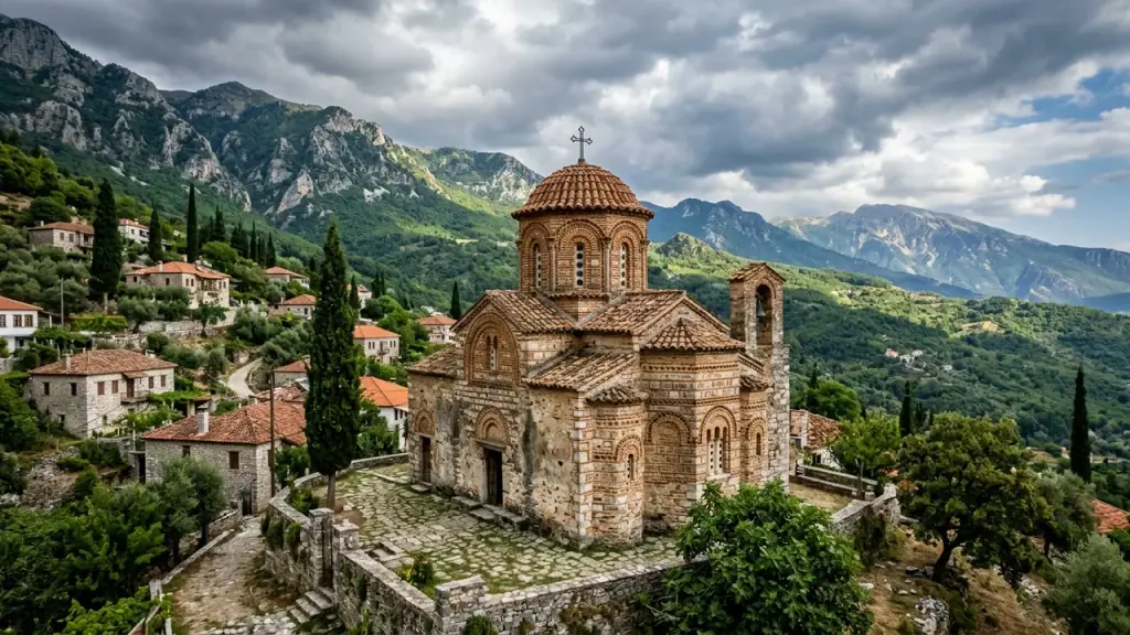 An ancient stone domed Byzantine church with brick patterning in a mountain village in southern Albania