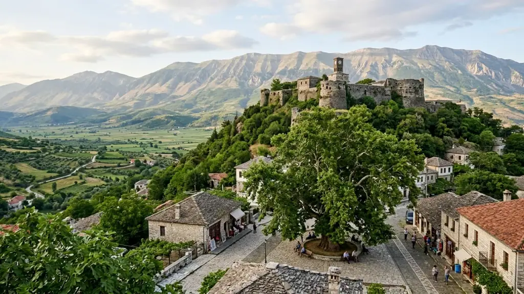 A stone Ottoman castle on a hill above the green Drino valley at Libohovë in southern Albania
