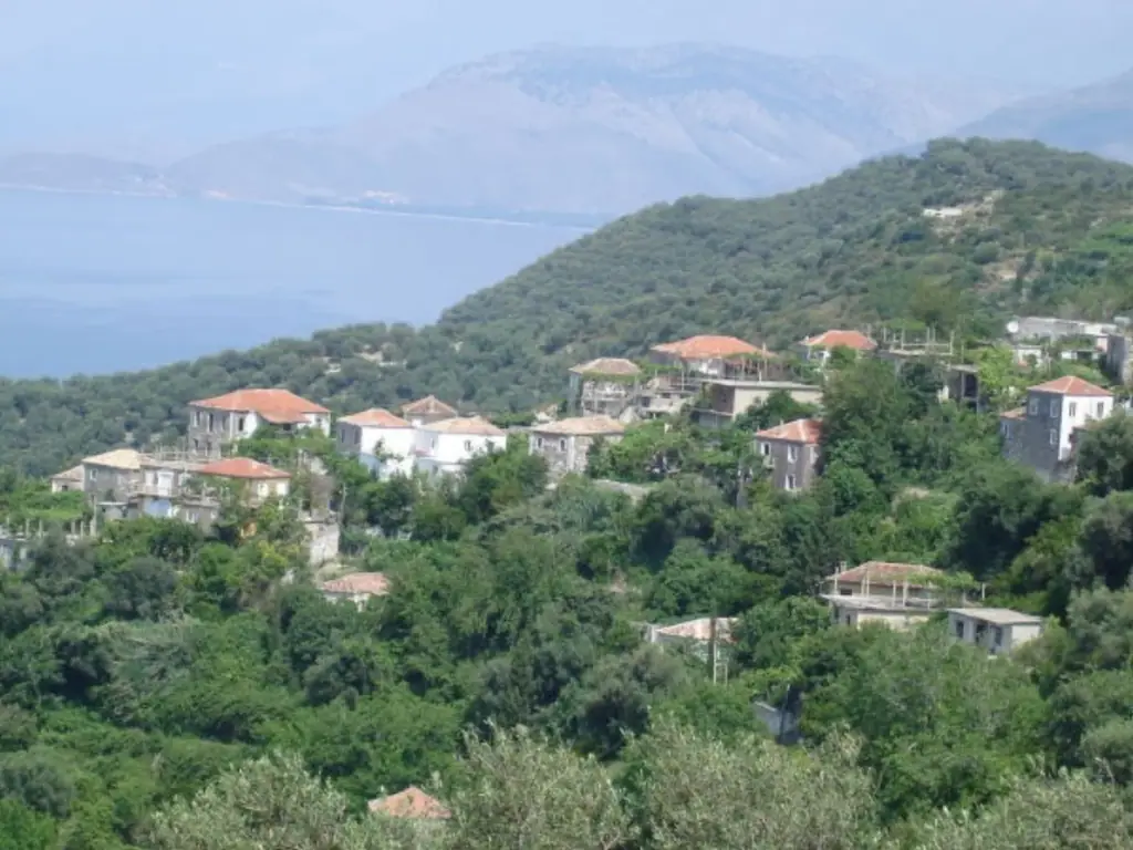 The hillside village of Lukova above the Ionian Sea on the far southern Albanian Riviera