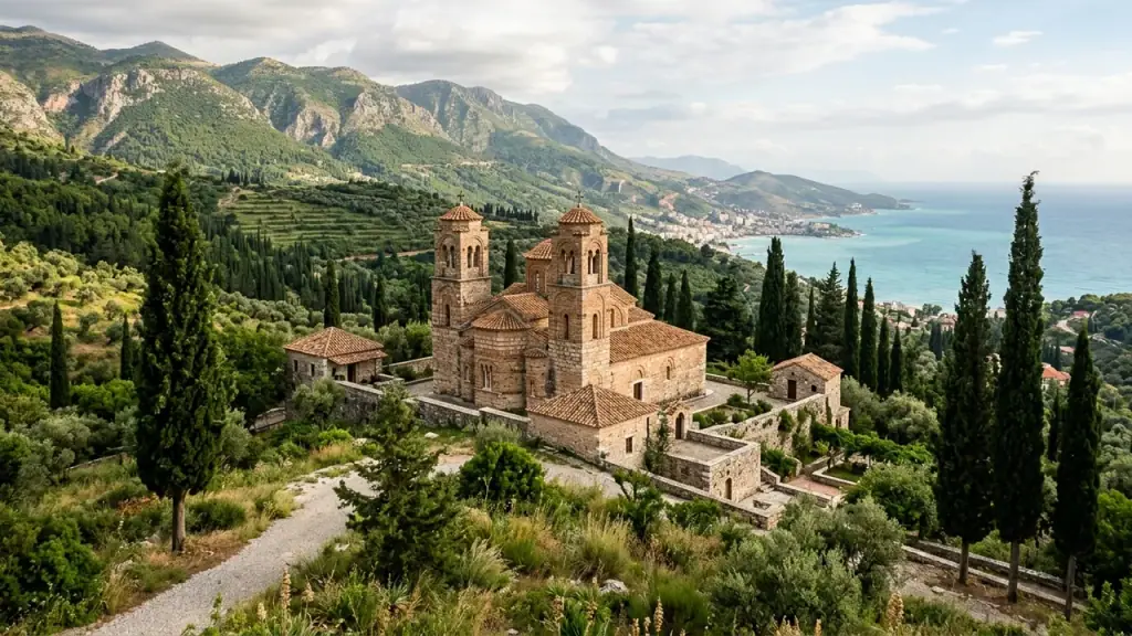A Byzantine stone monastery church with twin towers among cypress trees near Saranda