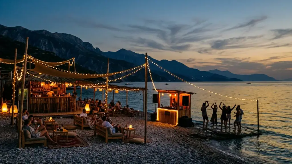 An Albanian Riviera beach club at dusk, string lights over a pebble shore, a lit DJ booth by the water and silhouettes against the Ionian and dark mountains, evoking OFF/LINE's beach-festival nights in Borsh