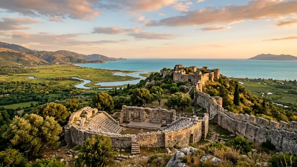 Ancient hilltop ruins and stone walls overlooking a green plain near Saranda in southern Albania