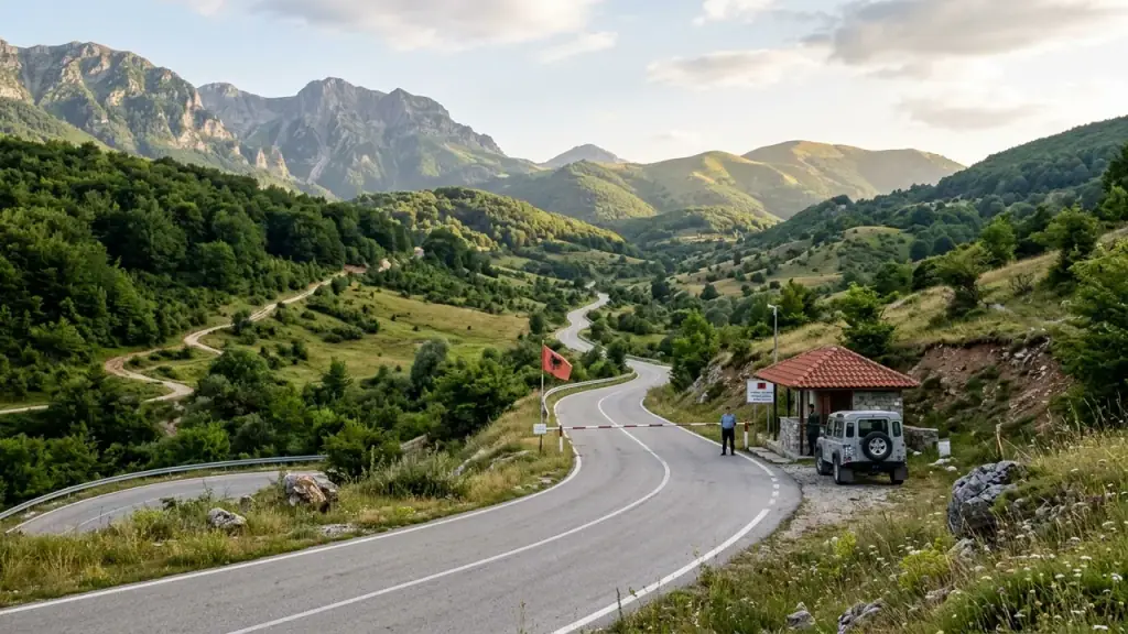 Mountain border road near Qafë Botë between Albania and Greece with green hills