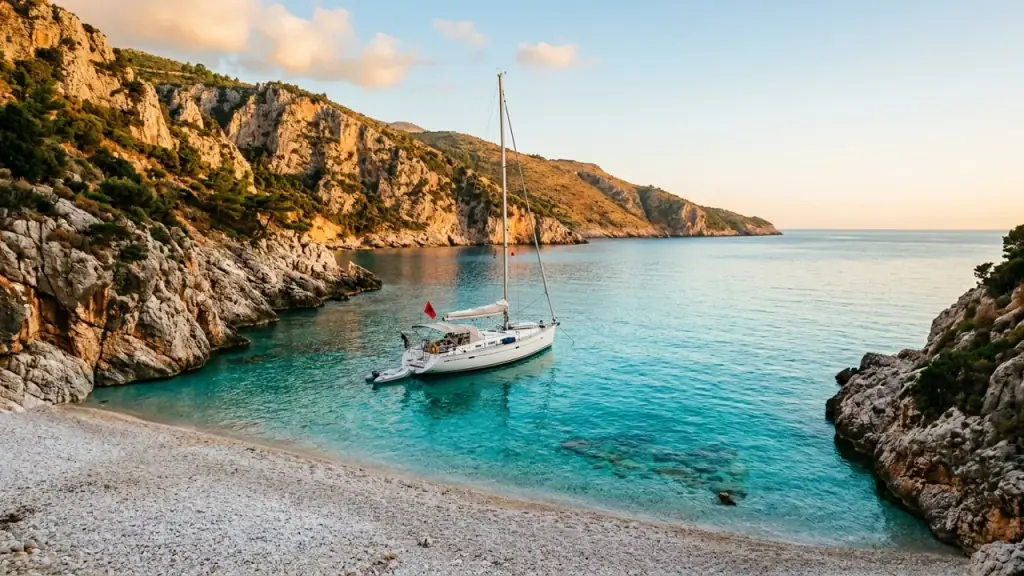 Sailing yacht at anchor in a deserted bay along the Albanian Riviera at golden hour