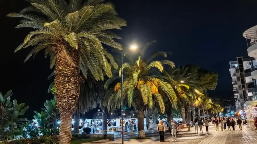 Palm-lined Saranda promenade at dusk with lights along the waterfront and people walking