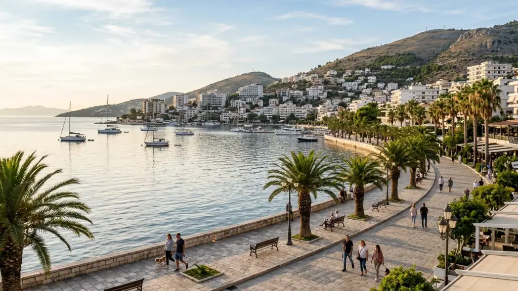 Saranda bay and promenade in soft September light with a few swimmers in calm water