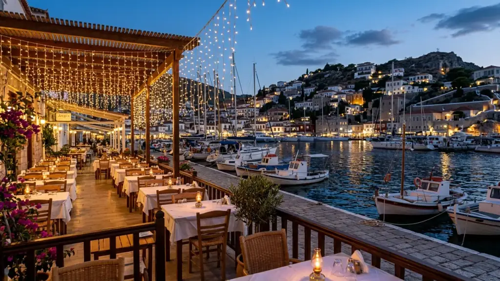 A waterfront restaurant terrace in the evening with white-clothed tables under string lights and moored boats behind
