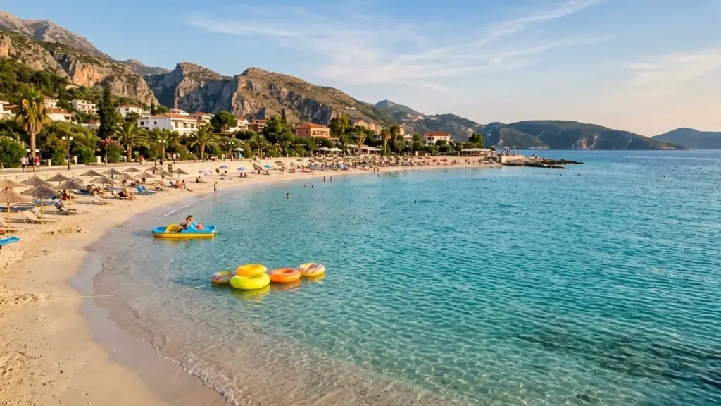 A calm shallow bay on the Albanian coast with inflatable rings floating near a gently shelving sandy shore and parasols behind