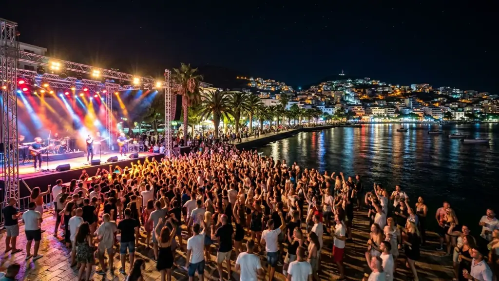 Saranda's waterfront at night during a music festival, a lit main stage and crowd along the embankment with the bay and ferry lights beyond, evoking Solar Music Festival