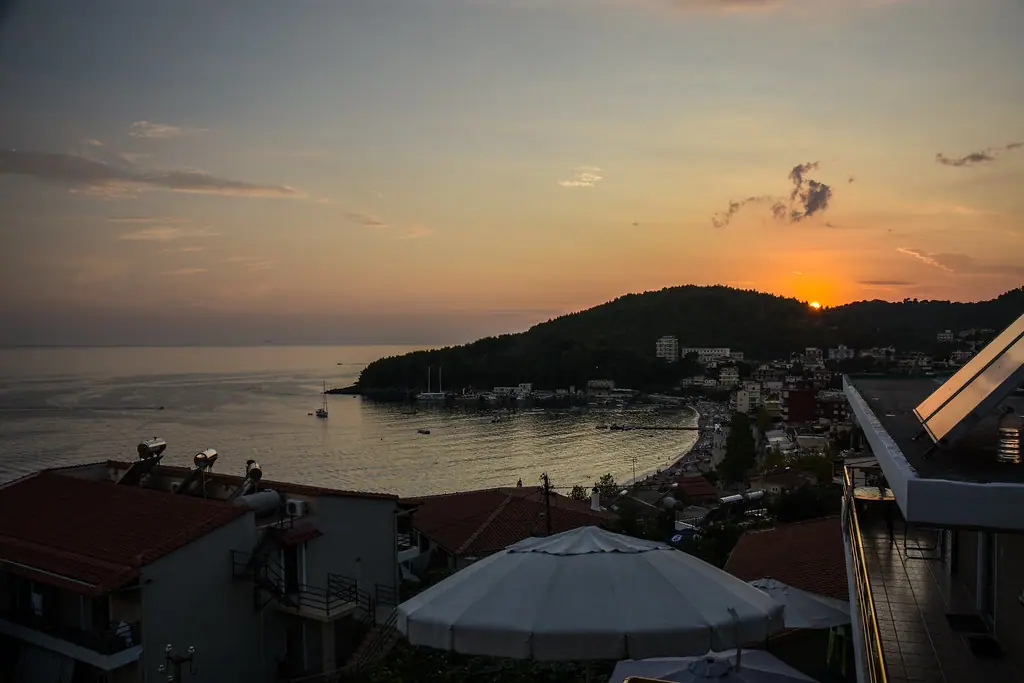 Sunset dining view from a beachfront restaurant at Jale Beach on the Albanian Riviera