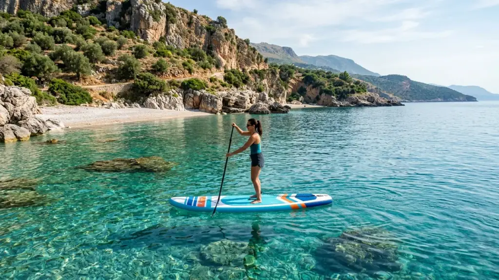 Paddler on a stand-up paddleboard gliding over clear turquoise water near the Himara coast