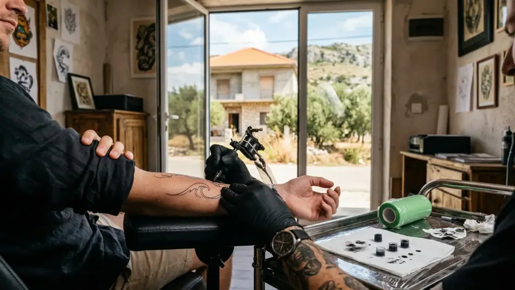 Gloved tattoo artist inking a fine-line wave on a forearm in a small roadside studio, olive trees and a limestone hill through the open door