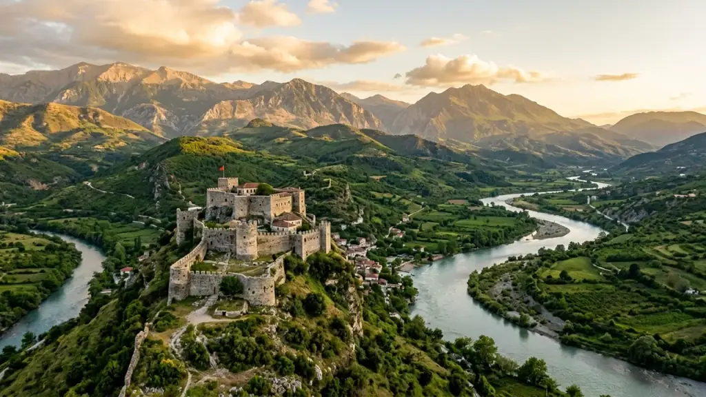 An Ottoman hilltop castle wall above the river valley at Tepelena in southern Albania