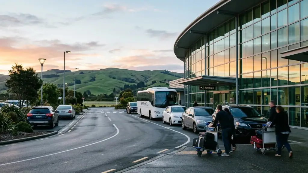 A small modern airport terminal frontage at dawn with cars and a shuttle coach waiting at the kerb and green hills behind