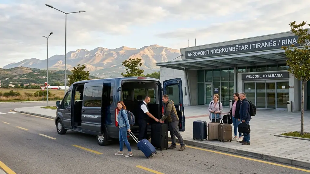 Transfer minibus and travellers with luggage outside Tirana International Airport (Rinas) with mountains behind