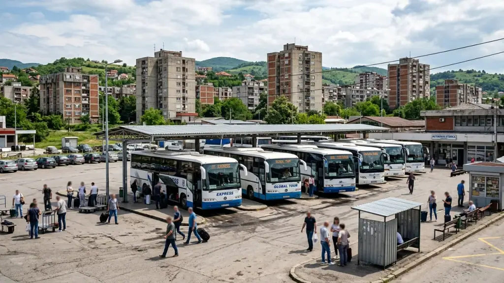 A row of intercity coaches parked at a Balkan bus terminal forecourt with apartment blocks and green hills behind