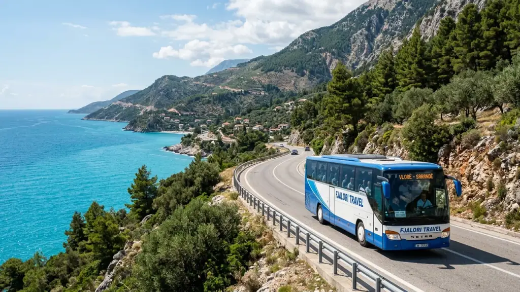 Intercity bus on a southern Albanian coastal highway heading toward the turquoise Ionian sea