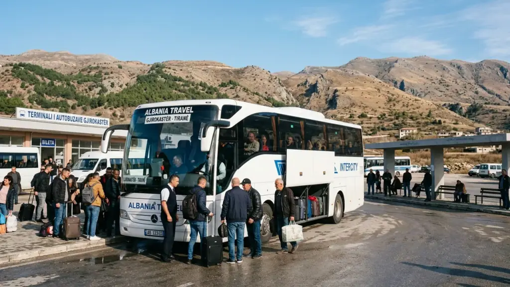 Intercity coach bus boarding at a regional bus terminal in Albania on a clear morning