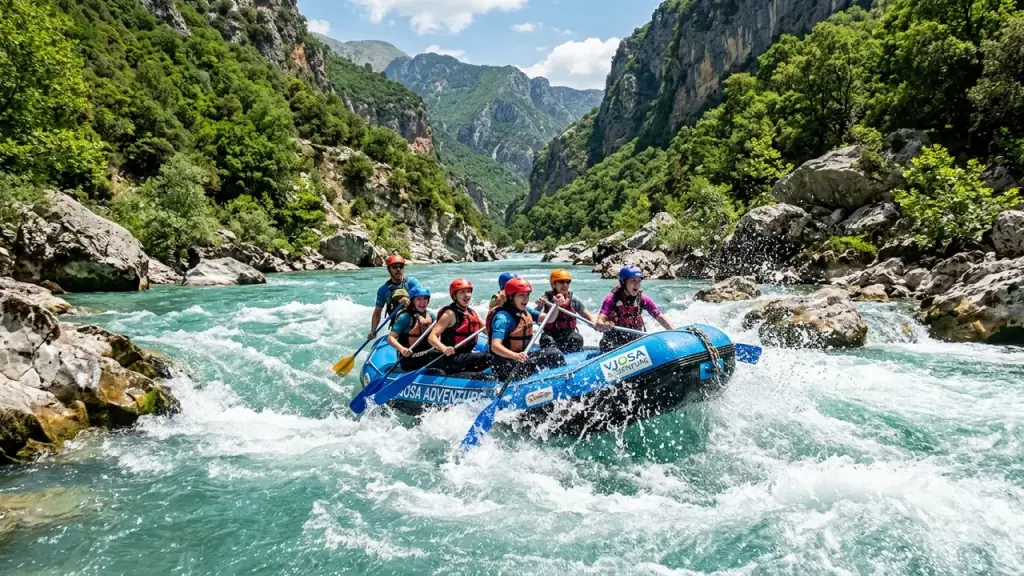 Whitewater rafting on the turquoise Vjosa river between green canyon walls in southern Albania
