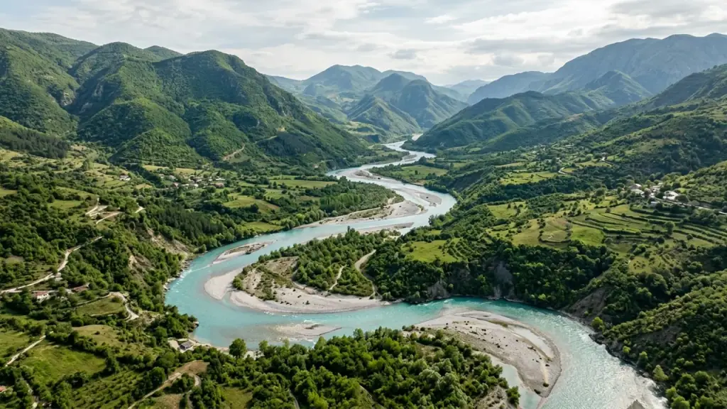 The free-flowing turquoise Vjosa river braiding through a green valley in southern Albania