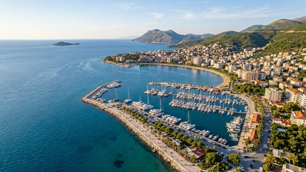 A curved bay city where the Adriatic meets the Ionian below green hills in southern Albania