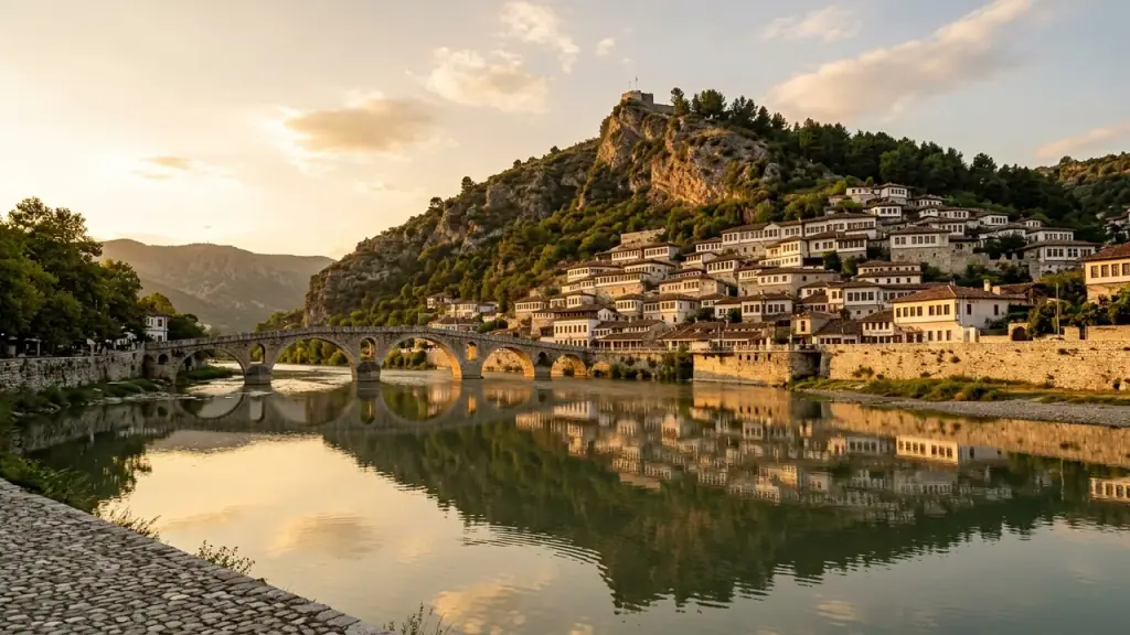 The white houses of Berat's Mangalem quarter climbing the hill below the castle walls, with the Osum river and a stone bridge in front at golden hour