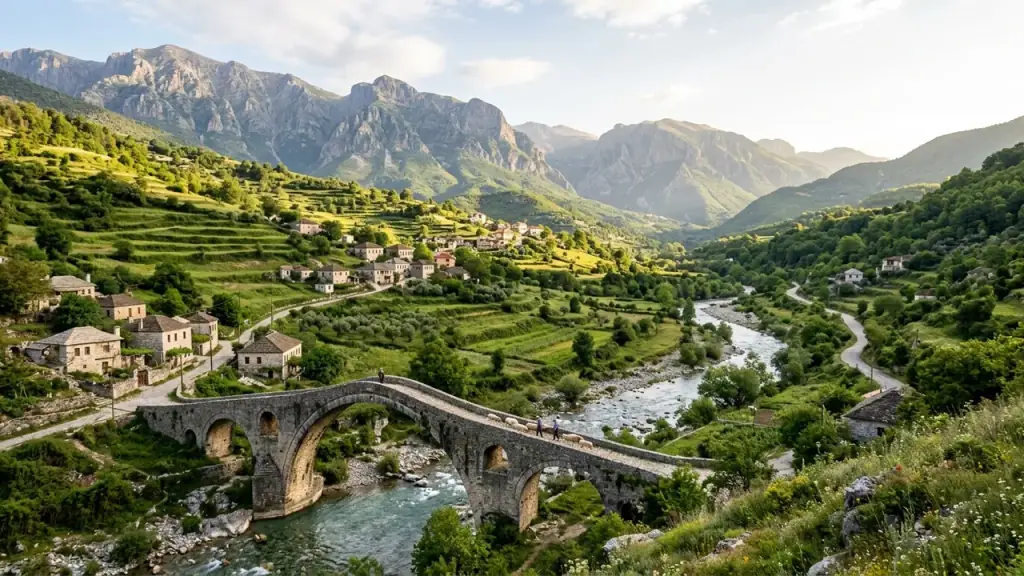 Terraced green hills with stone villages and an old arched bridge over a clear river in southern Albania