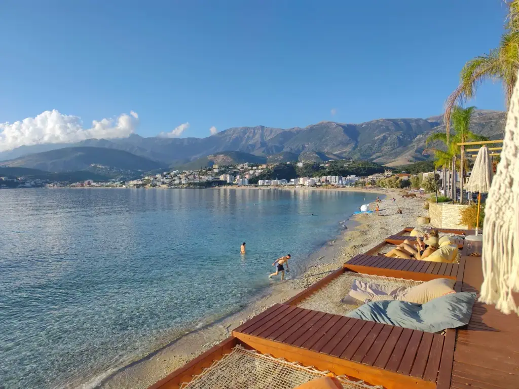 Potami Beach with turquoise waters and surrounding hills south of Himara