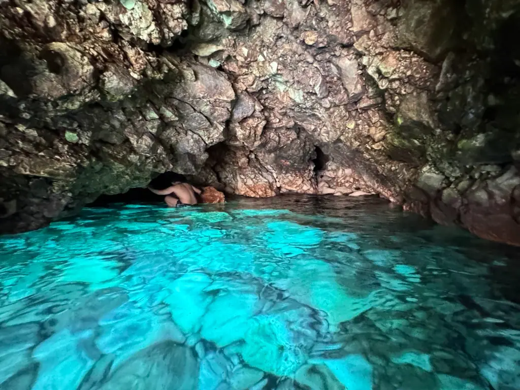 Turquoise glowing interior of Blue Gem Cave on the Karaburun Peninsula north of Himara