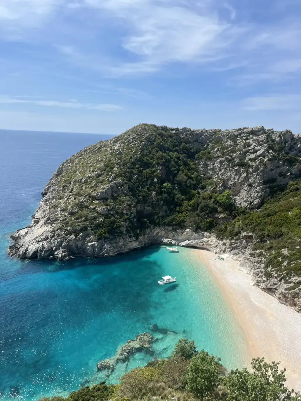 Aerial view of Grama Bay's pebble cove on the Karaburun Peninsula north of Himara