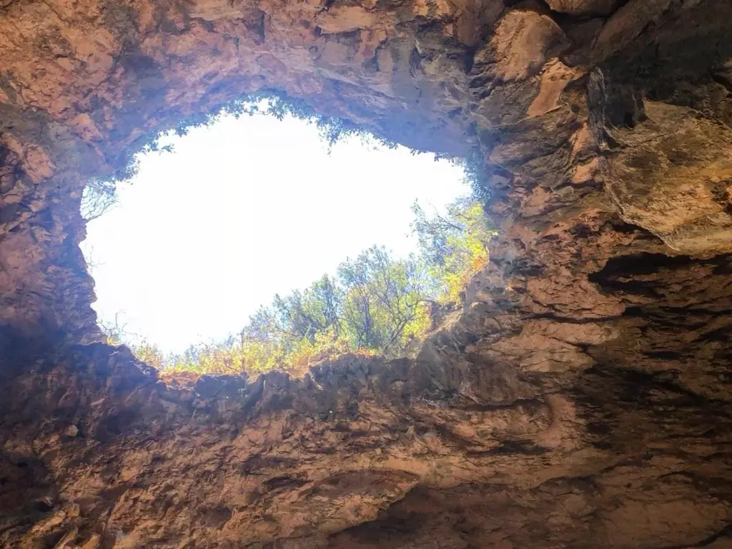 Looking up through the skylight opening in Pirate's Cave