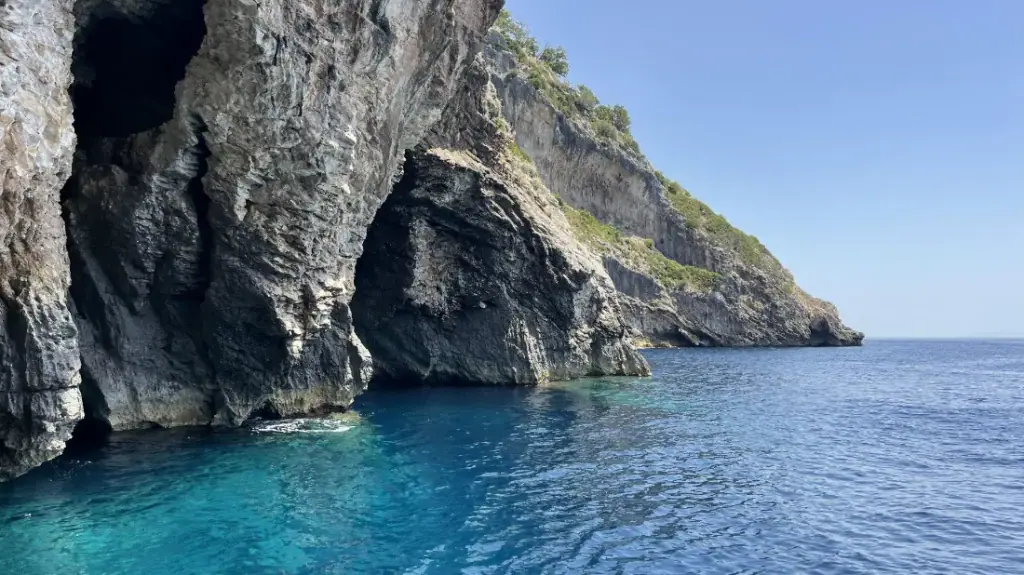 Himara Nautica One boat on the Ionian Sea along the Himara coastline, Albanian Riviera