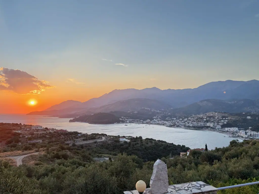 Sunset over the Ionian Sea and Himara bay from Sunset Serenity guesthouse