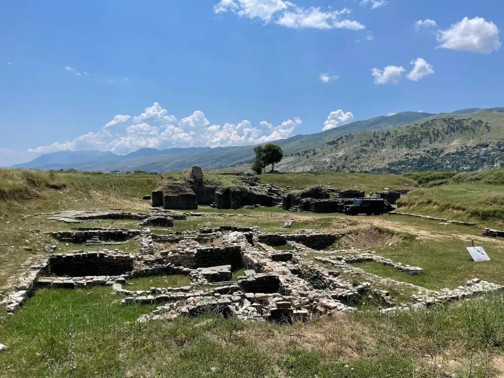 Excavated foundations of the ancient city at Hadrianopolis near Sofratikë