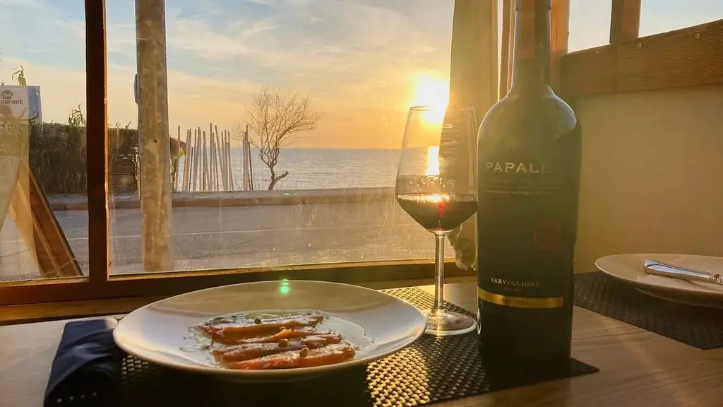 A dish of thinly sliced fish with capers and green oil beside a glass and a bottle of red wine, on a table at the window above the sea