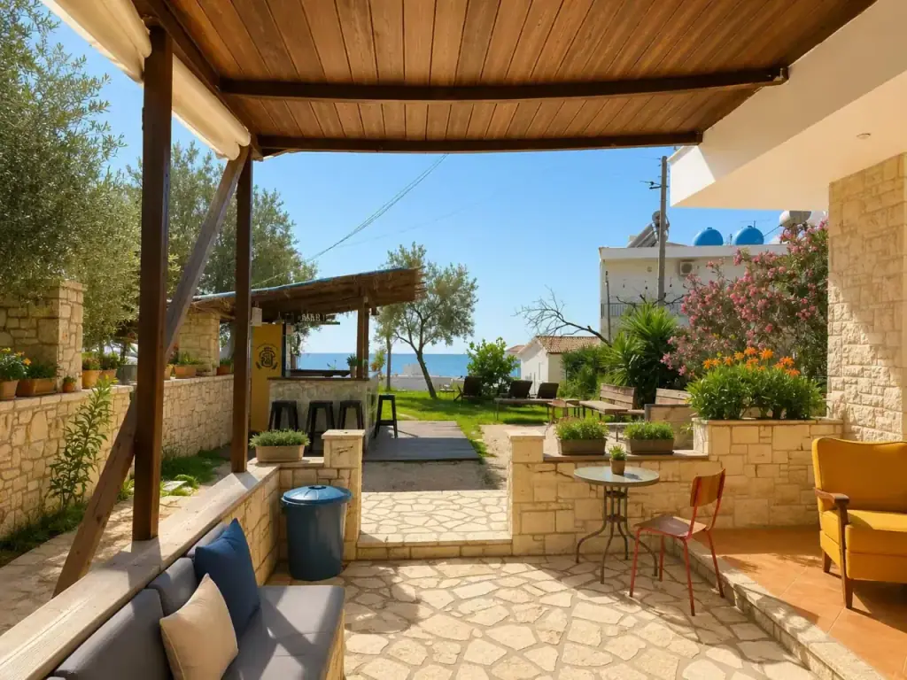 A shaded stone courtyard with armchairs and planters under a timber pergola at Trip'n'Hostel Seaside