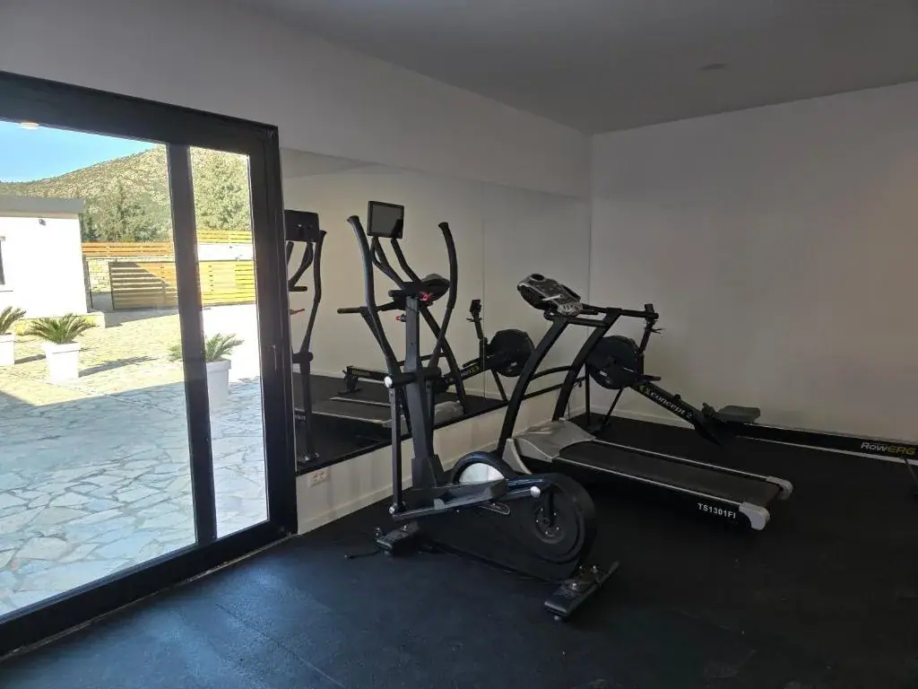 The fitness room at Wait 'n Sea: cross-trainer, exercise bike, treadmill and rowing machine on black rubber matting against a mirrored wall, with a sliding door onto a flagstone terrace