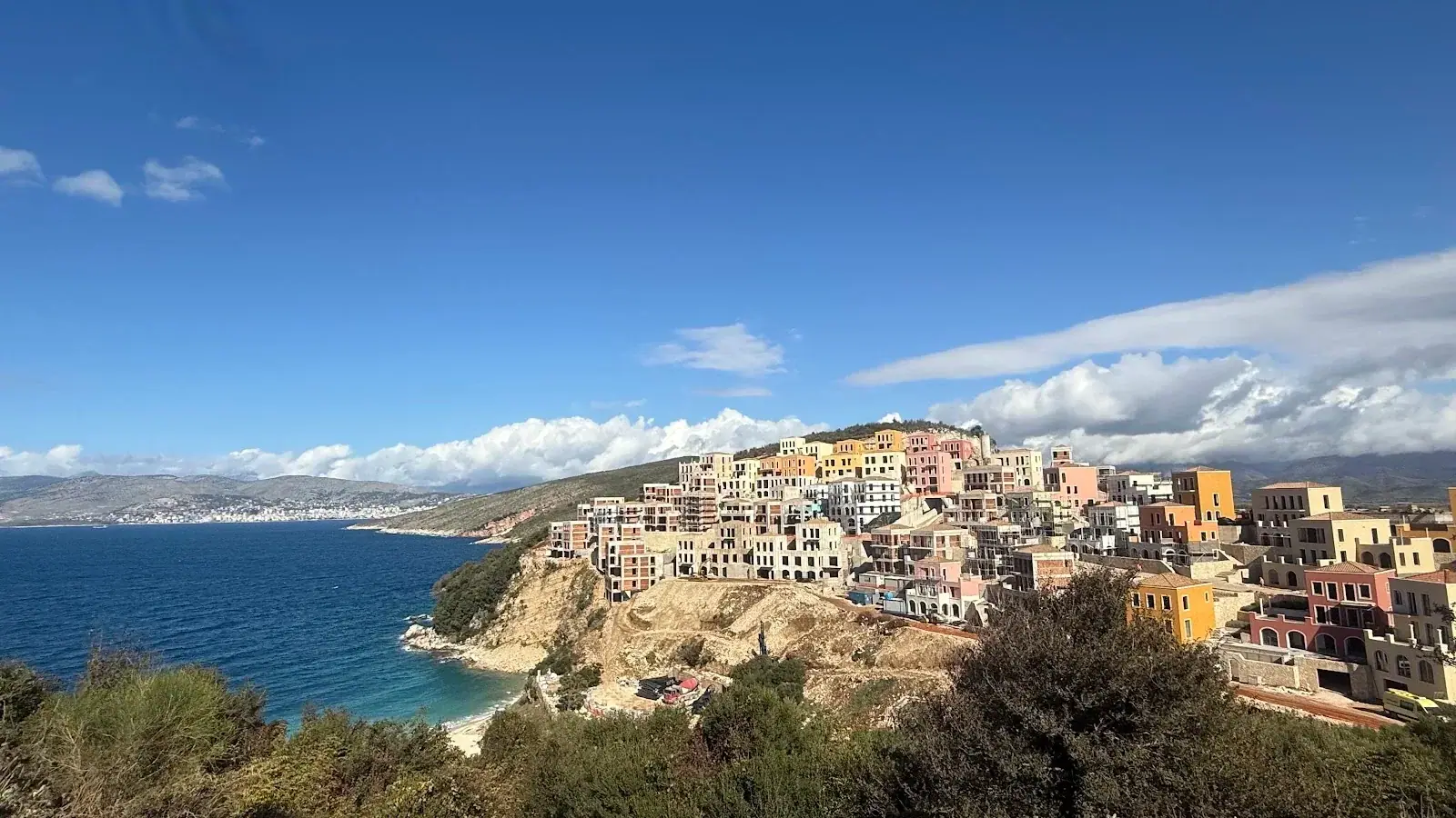 Sunset view over the Albanian Riviera coastline near Saranda