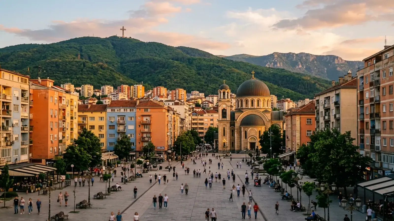 Central Tirana with colourful painted apartment blocks and green hills beyond the rooftops
