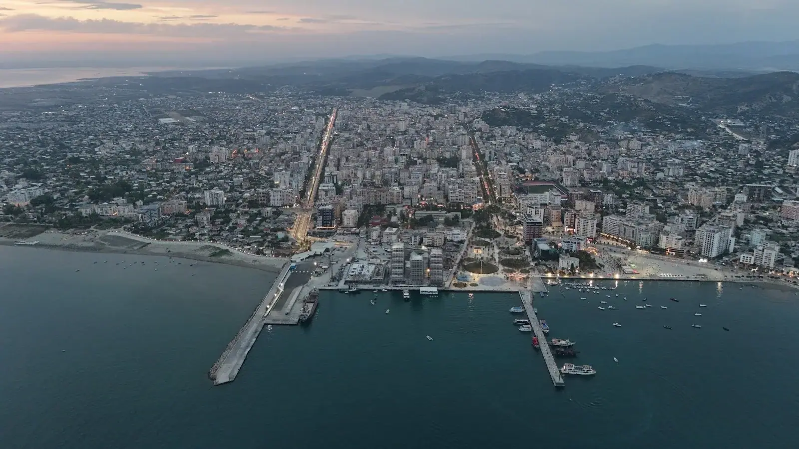 Vlora's bay and waterfront with the Karaburun peninsula in the distance
